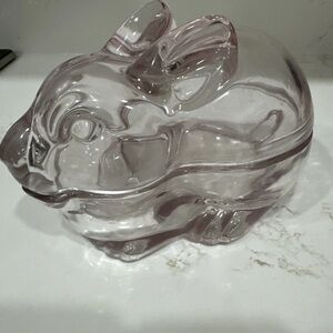 Crate & Barrel Clear Pink Glass Bunny Rabbit Covered Trinket Box/Dish 7.5” Long